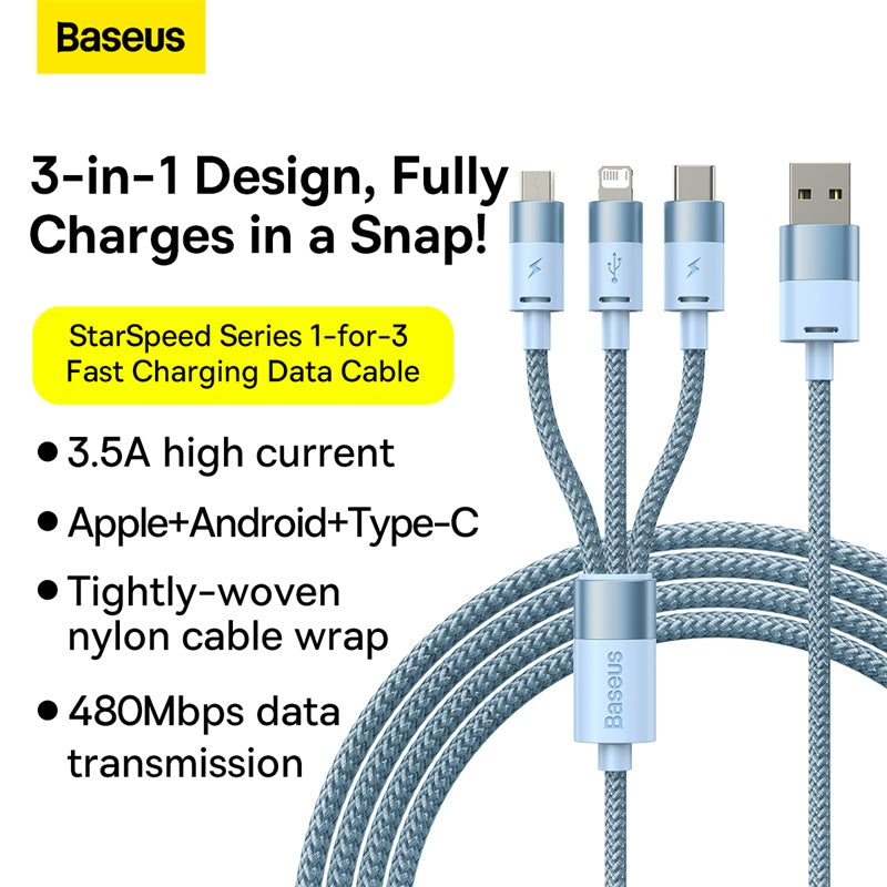 Baseus 3-in-1 fast charging cable with Lightning, USB-C, and Type-C connectors, featuring a gray braided nylon wrap and a light blue connector housing, shown with promotional text on a white background.