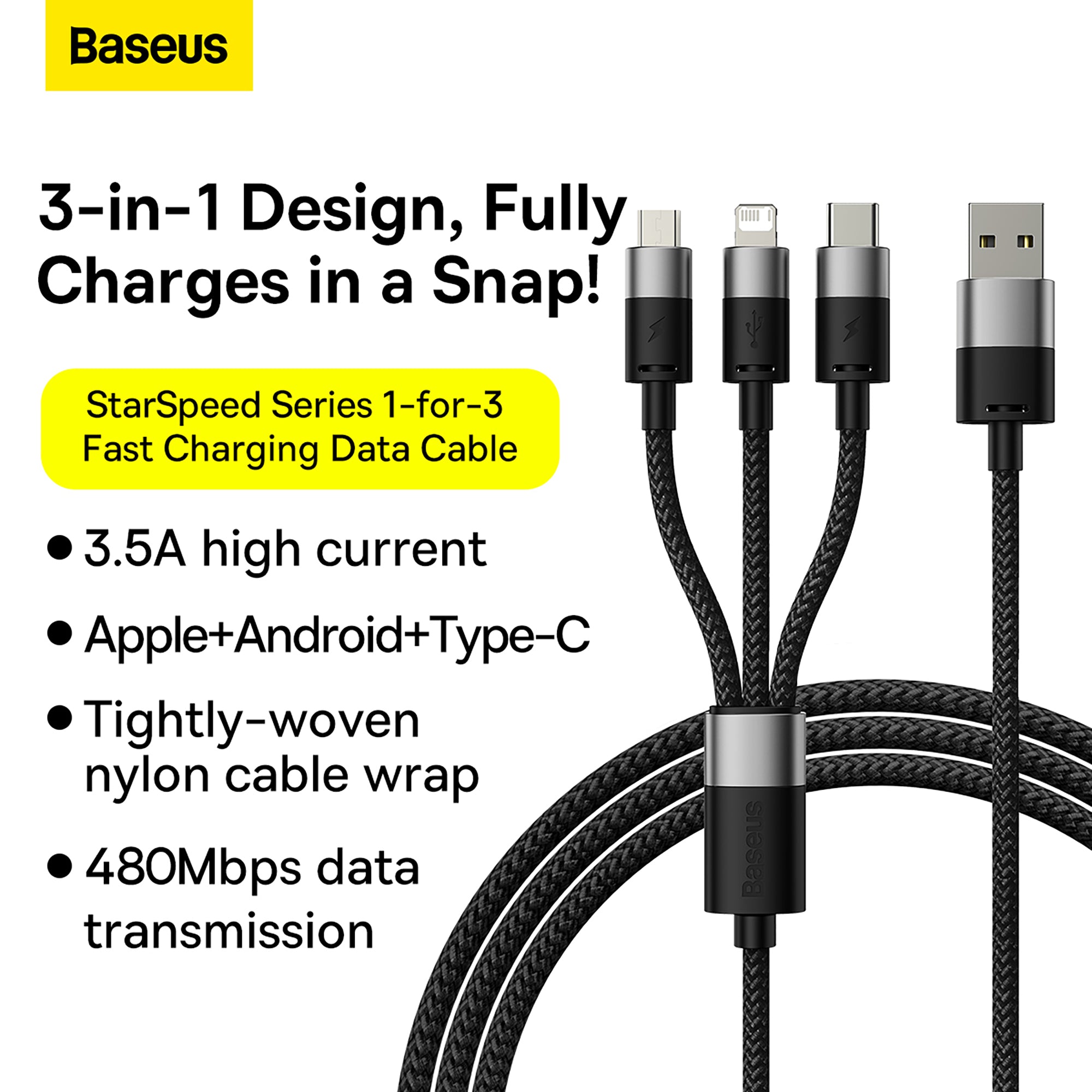Baseus StarSpeed 1-for-3 Fast Charging Data Cable USB to M+L+C 3.5A 0.6m