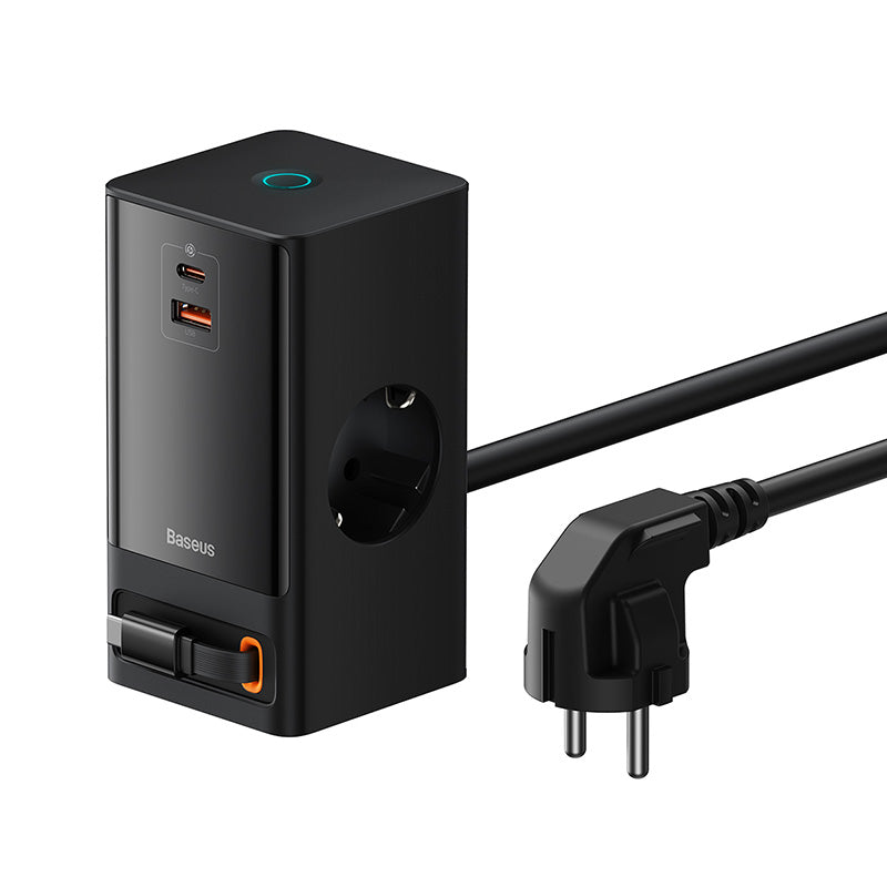 Baseus PowerCombo Series 65W Digital PowerStrip with Retractable Type-C Cable Black