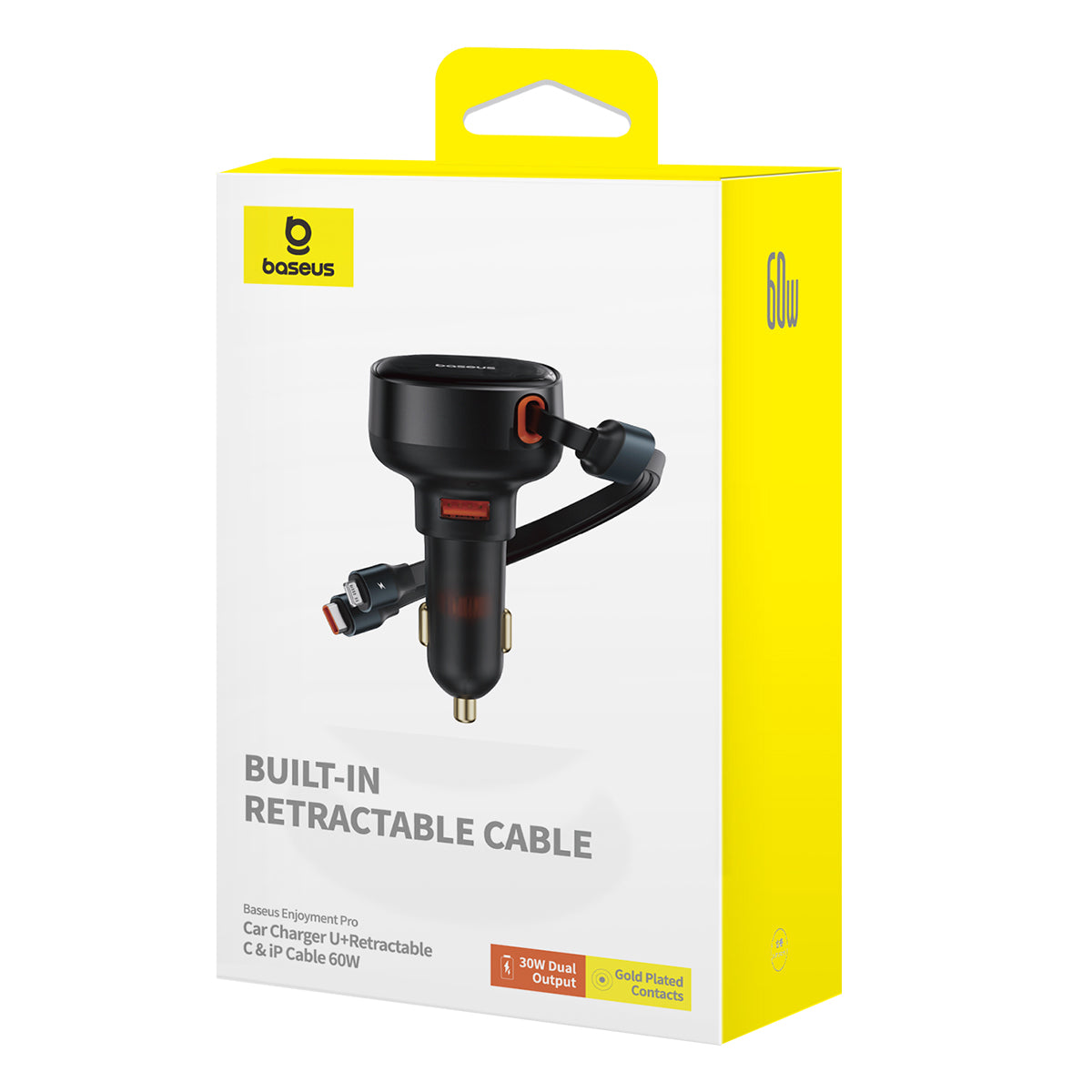 Baseus car charger with built-in retractable cable packaging on a white background