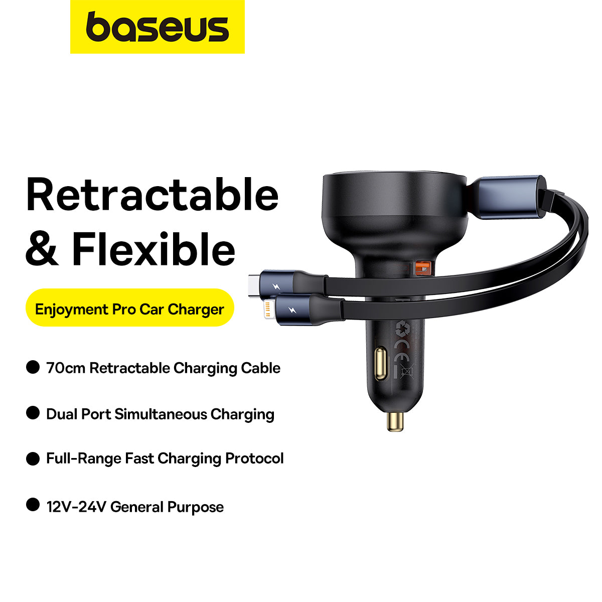 Baseus car charger with retractable cable on a white background