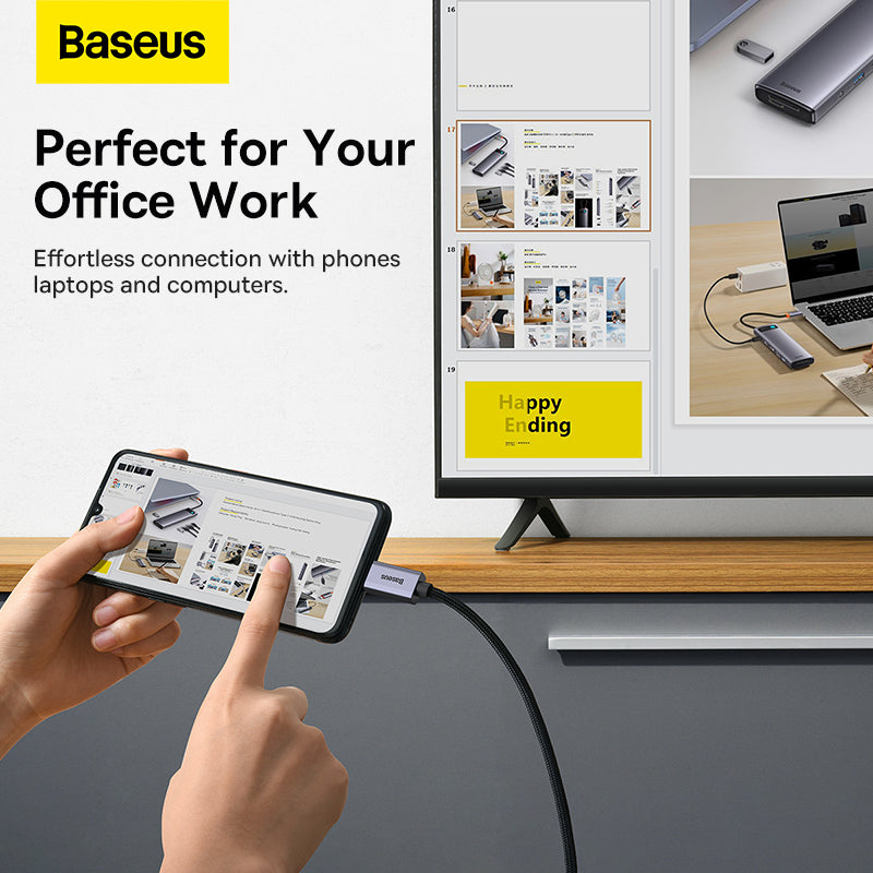 Baseus product advertisement showing a phone connected to a monitor with text 'Perfect for Your Office Work'.