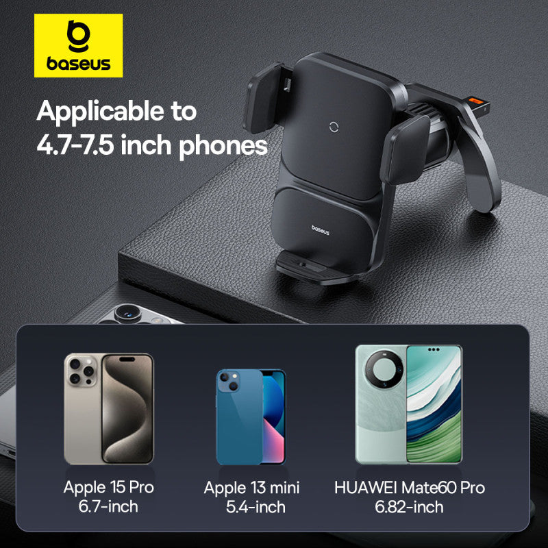 Phone holder with compatibility for 4.7-7.5 inch phones on a dark background, featuring Baseus branding.
