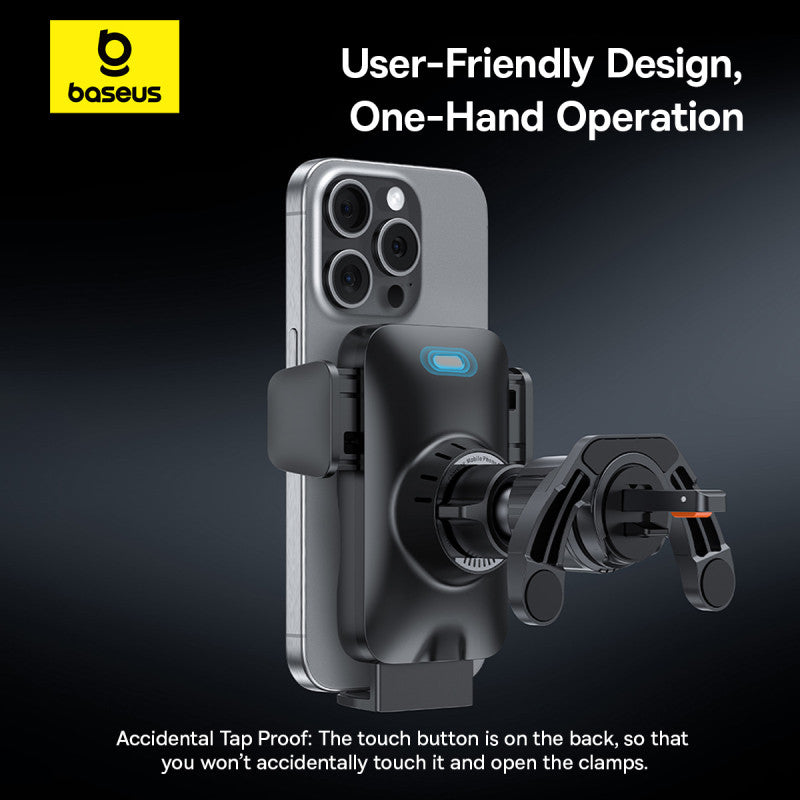 Phone holder with baseus branding on a dark background