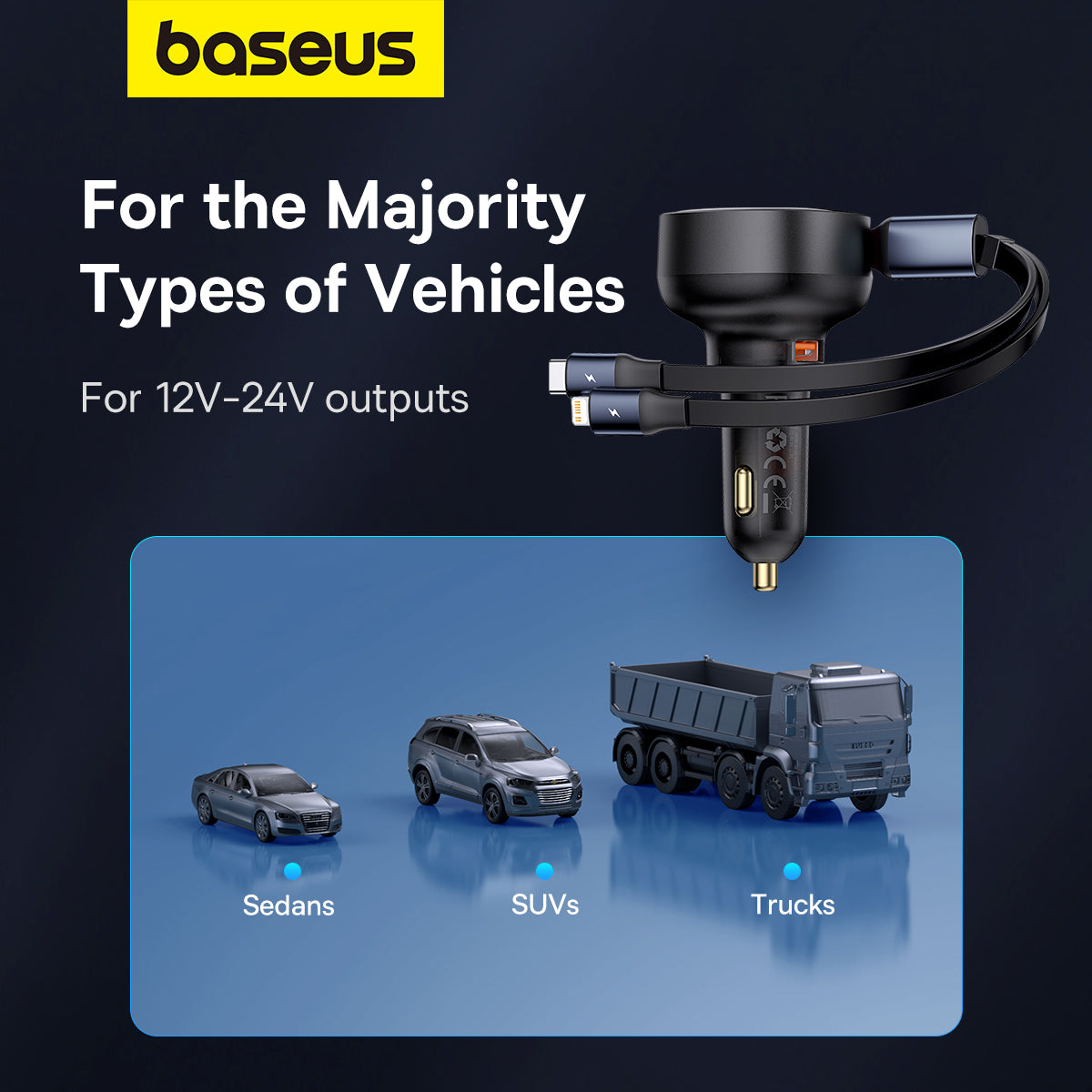 Baseus vehicle charger with compatibility for sedans, SUVs, and trucks on a dark background