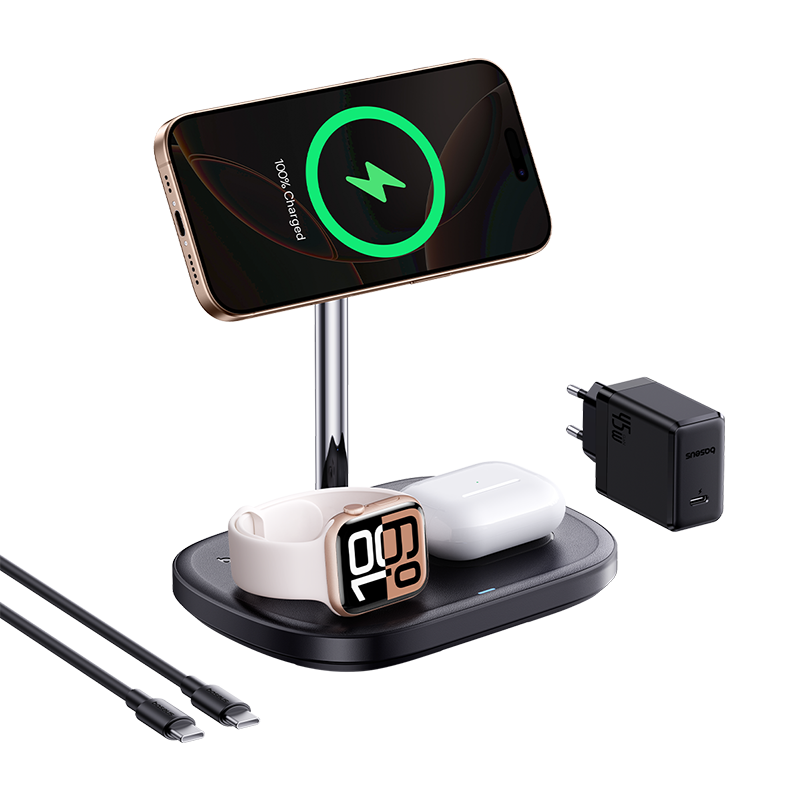 Multi-device charging stand with smartphone, smartwatch, and power adapter on a white background