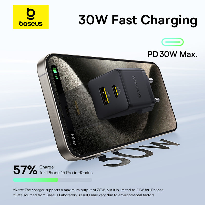 Baseus charger with 30W fast charging capability on a white background