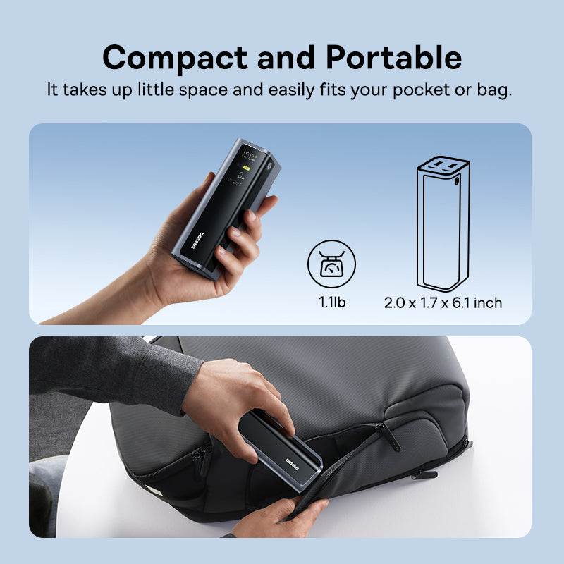 Compact power bank being held and placed in a bag with text highlighting its portability.