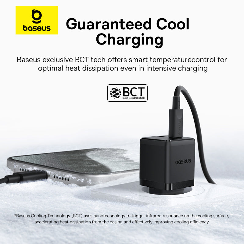 Baseus charging device with text about guaranteed cool charging technology on a white background