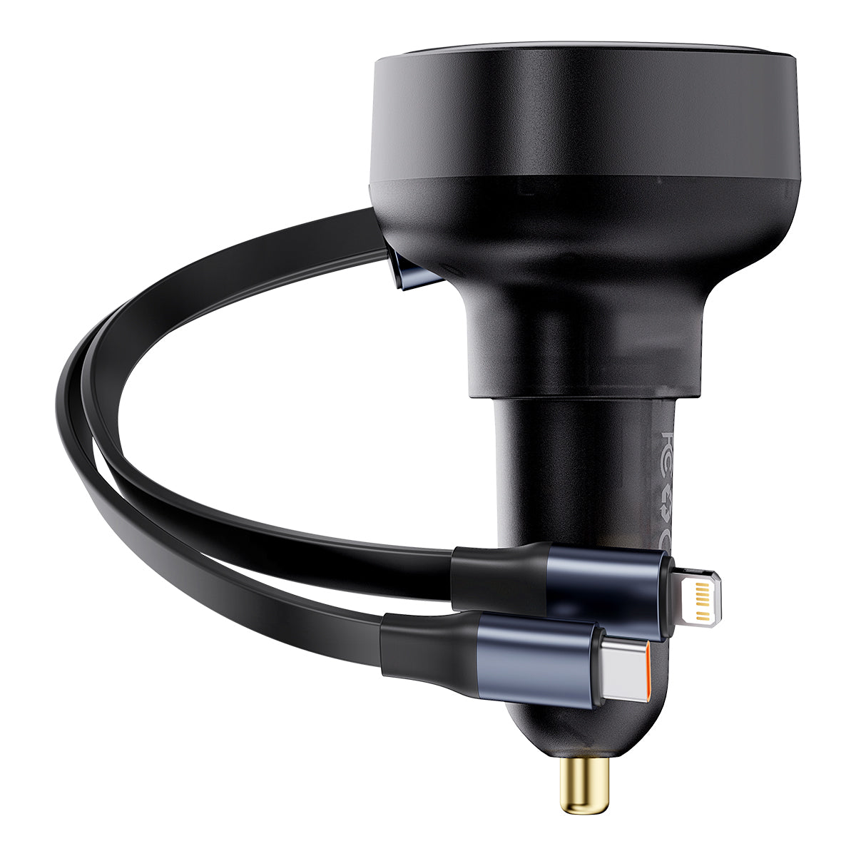 Black electronic device with a cable on a white background