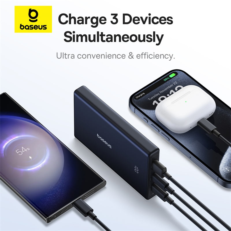 Baseus power bank charging three devices on a white background