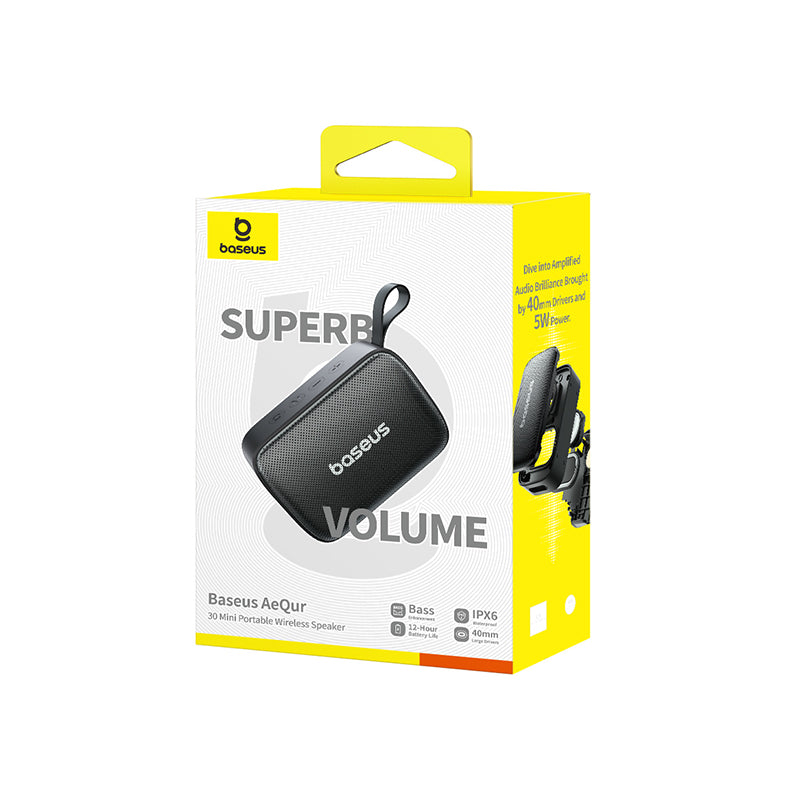 Baseus portable wireless speaker packaging with yellow and white design