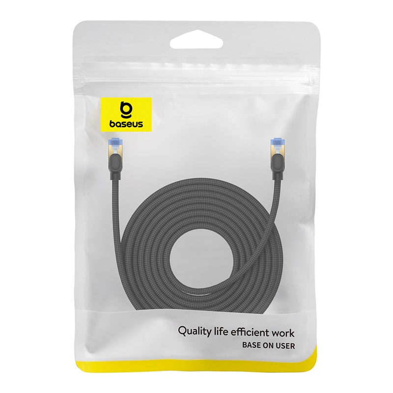 Baseus gray braided Ethernet cable in its original white and yellow retail packaging, coiled inside the transparent pouch.