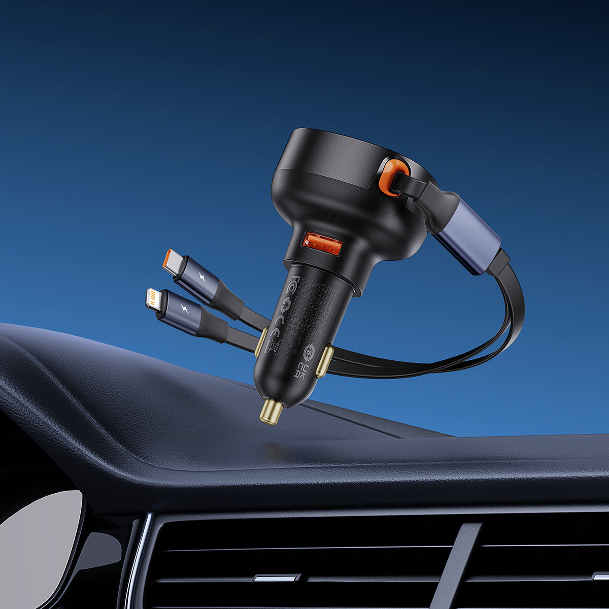 A black car cigarette lighter dual USB charger with orange accents and two attached USB-C cables, shown clipped to a car dashboard against a blue gradient background.