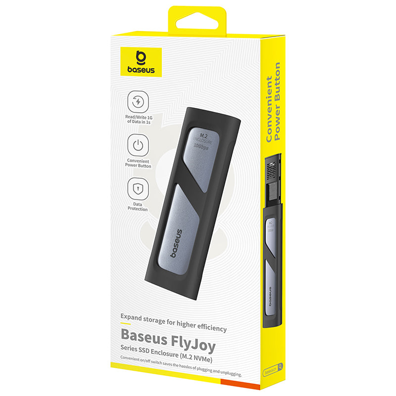 Baseus FlyJoy SSD enclosure packaging with yellow and white design