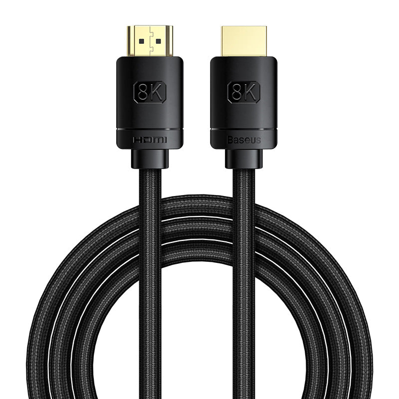 HDMI cable with '8K' marking on black connectors against a white background
