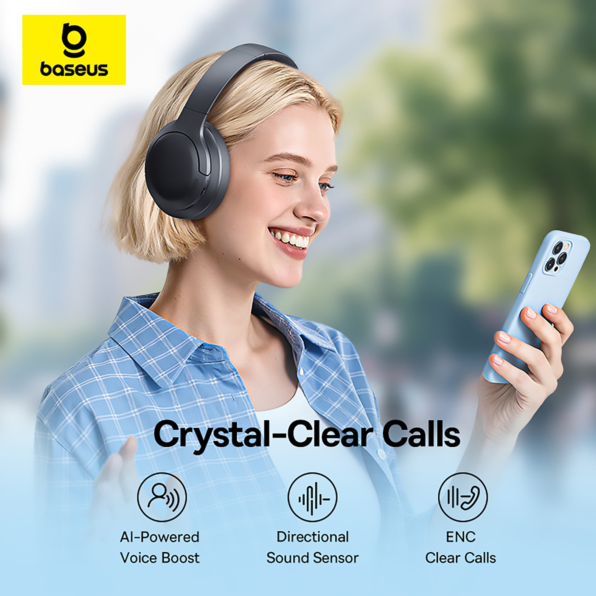 Woman wearing headphones and holding a phone with 'Baseus' branding, featuring text on crystal-clear calls.
