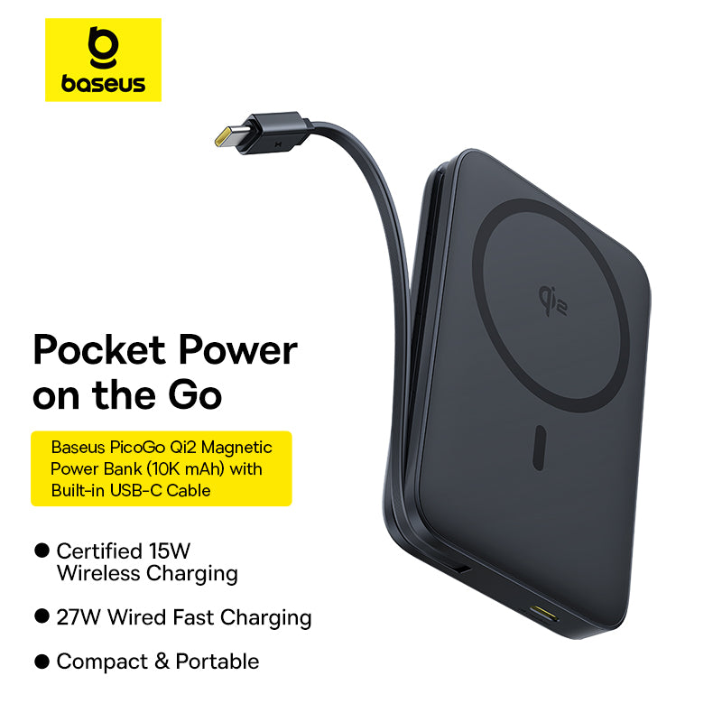 Baseus Pocket Power on the Go magnetic power bank with USB-C cable on a white background