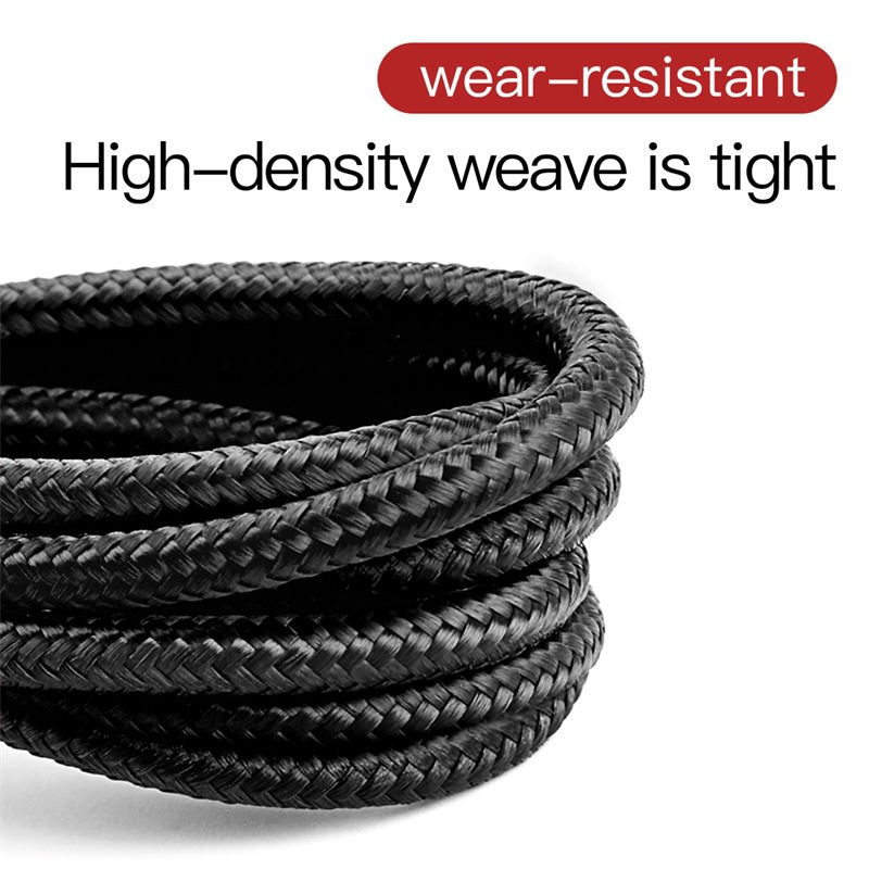 Coiled black rope with 'wear-resistant' and 'High-density weave is tight' text on a white background