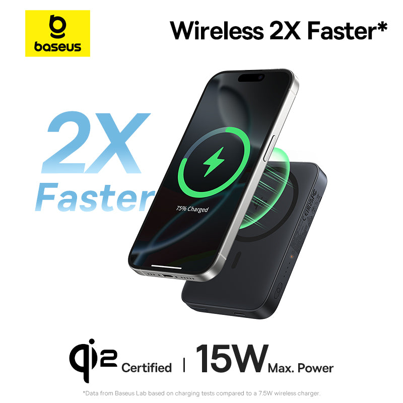 Baseus wireless charger with smartphone on a white background, featuring text about speed and power.