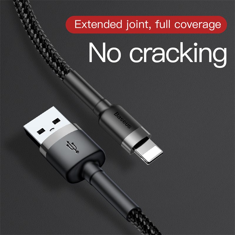 USB cable with connectors on a dark background, featuring text about extended joint and no cracking.