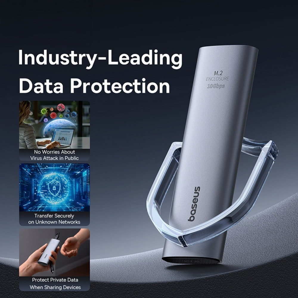 A sleek silver and clear USB-C portable data transfer device branded 'baseus' displayed on a dark textured surface, with promotional text reading 'Industry-Leading Data Protection' and three inset feature images on the left.