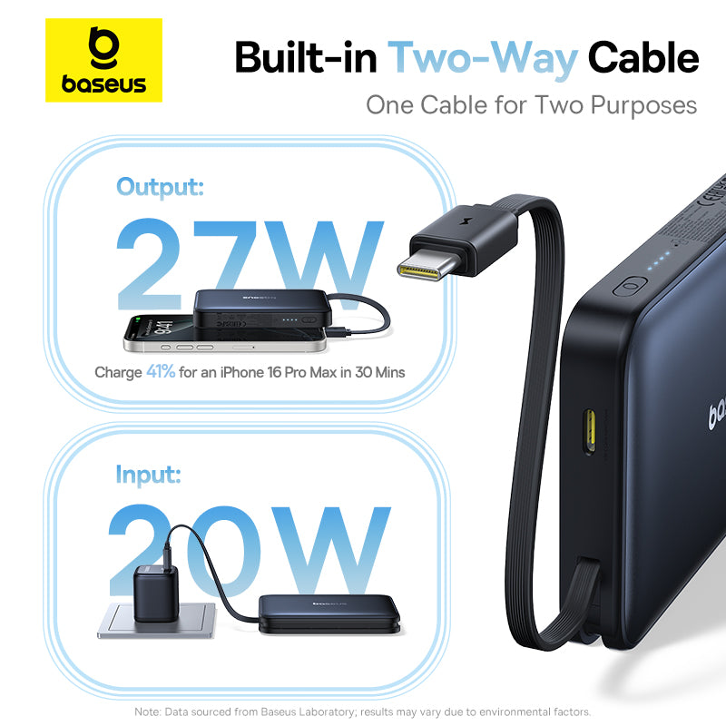 Baseus PicoGo Qi2 Power Bank with Built-in USB-C Cable 10000mAh 27W