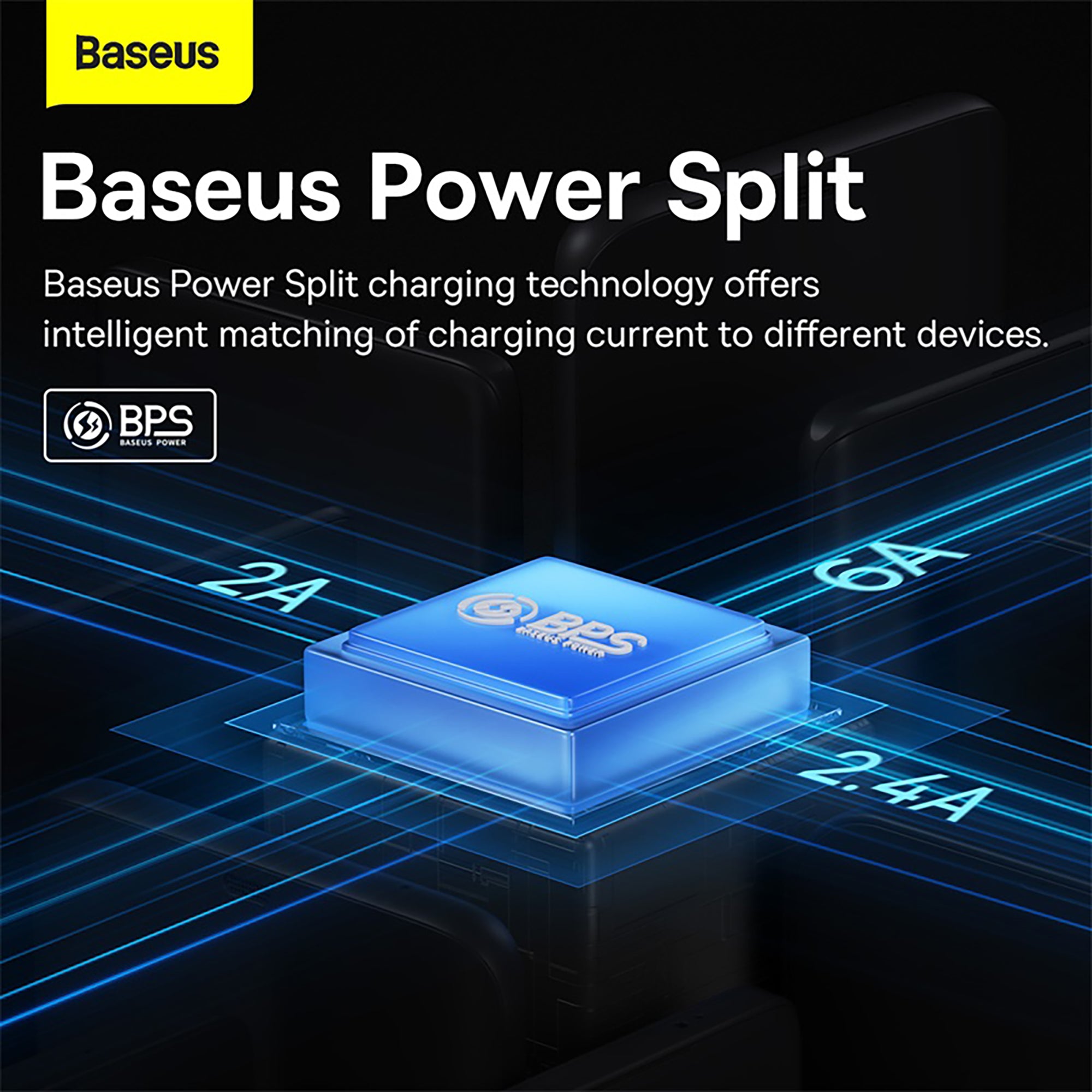 Baseus Power Split charging technology with a blue chip on a dark background
