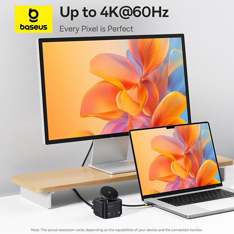 Two devices with colorful screens on a desk, featuring Baseus branding and text about resolution.