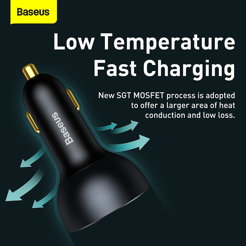 Baseus car charger with text on low temperature fast charging on a dark background