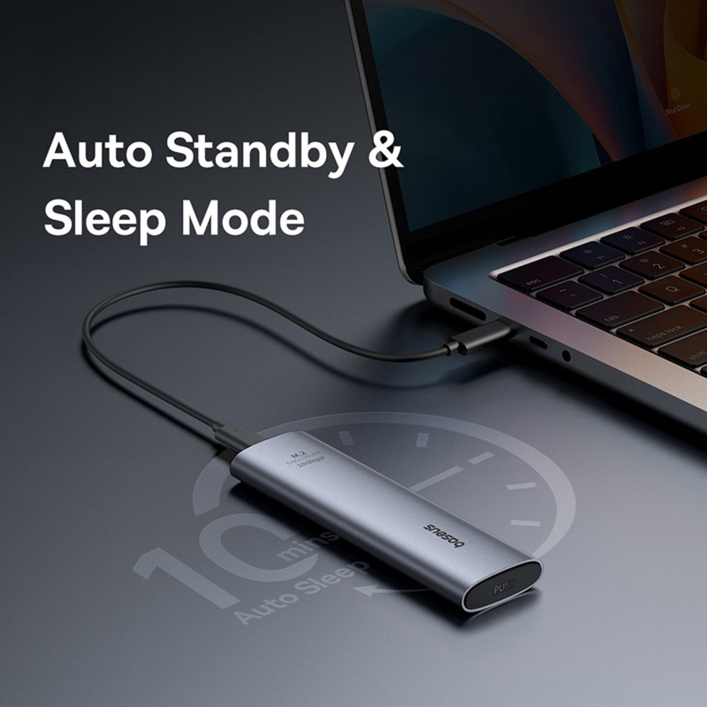 A silver NEXGEN portable power bank connected to a laptop, with text reading 'Auto Standby & Sleep Mode' on a dark gray background.