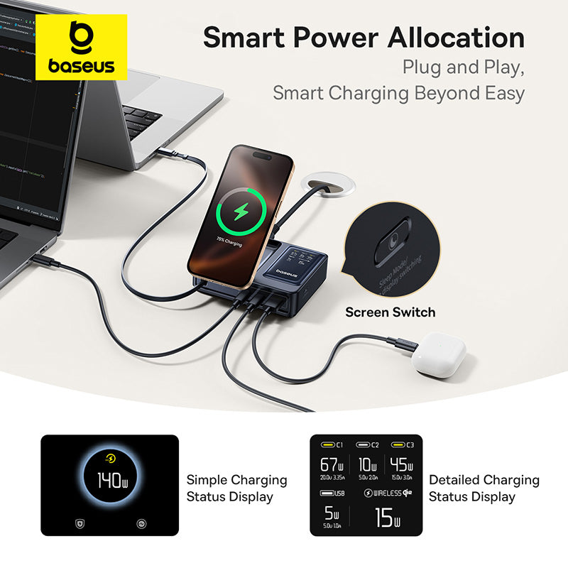 Baseus NOMOS 5-in-1 Desktop Charger 140W Qi2 Wireless Charging - Cosmic Black
