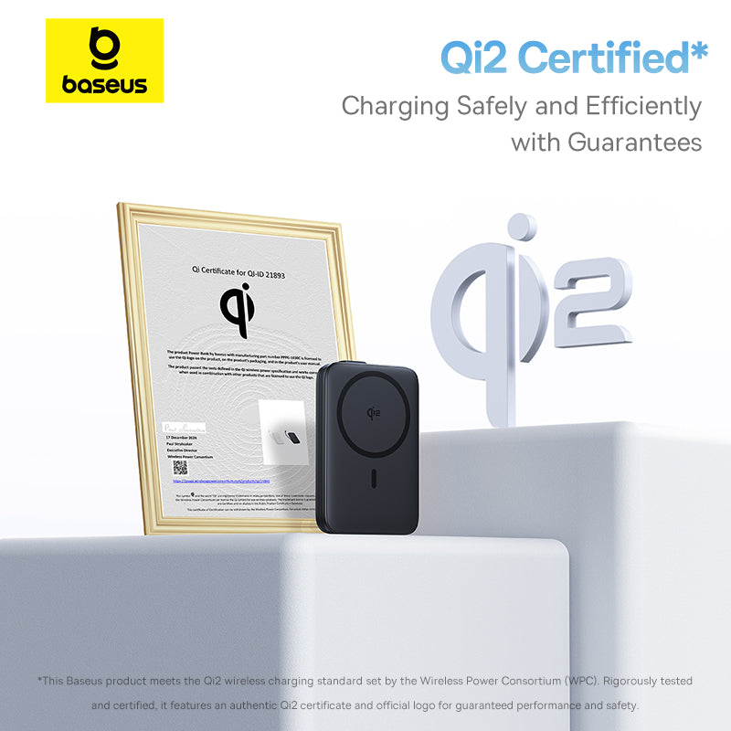 Baseus Qi2 certified wireless charging device with a certificate on a white background