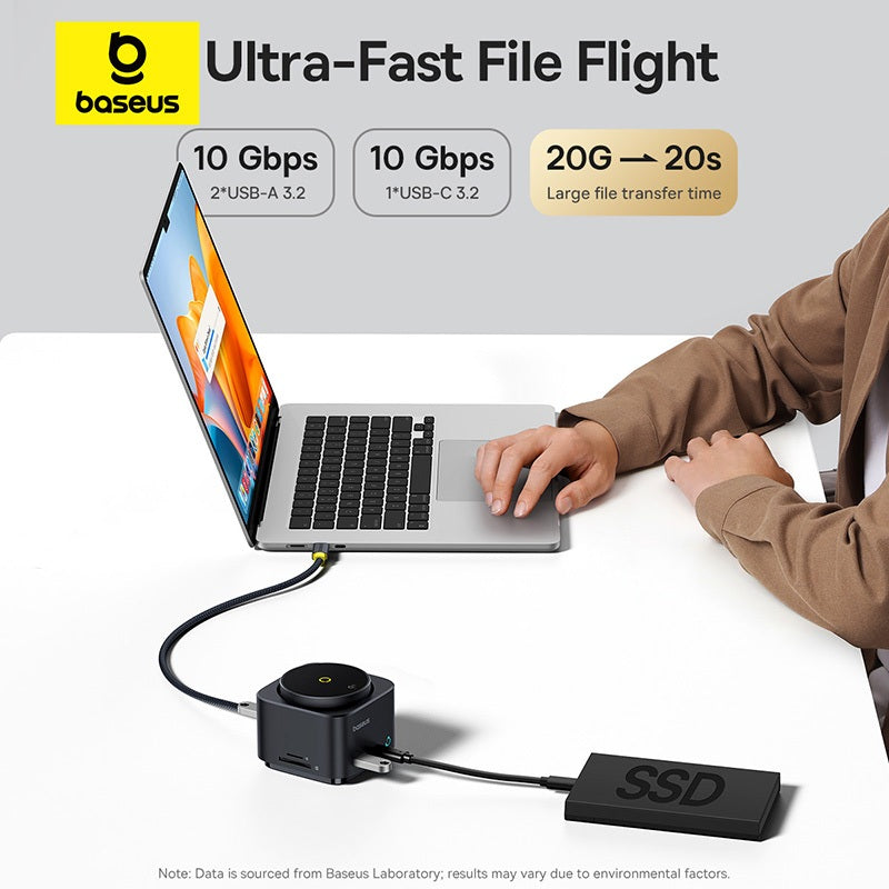 Baseus USB hub connected to a laptop with text highlighting ultra-fast file transfer speeds.