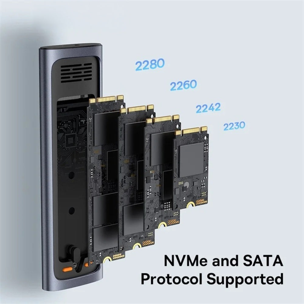 A dark gray NVMe SSD enclosure shown with three nested SSD modules partially slid out, labeled 2280, 2260, and 2242, with text reading 'NVMe and SATA Protocol Supported' on a light gray background.