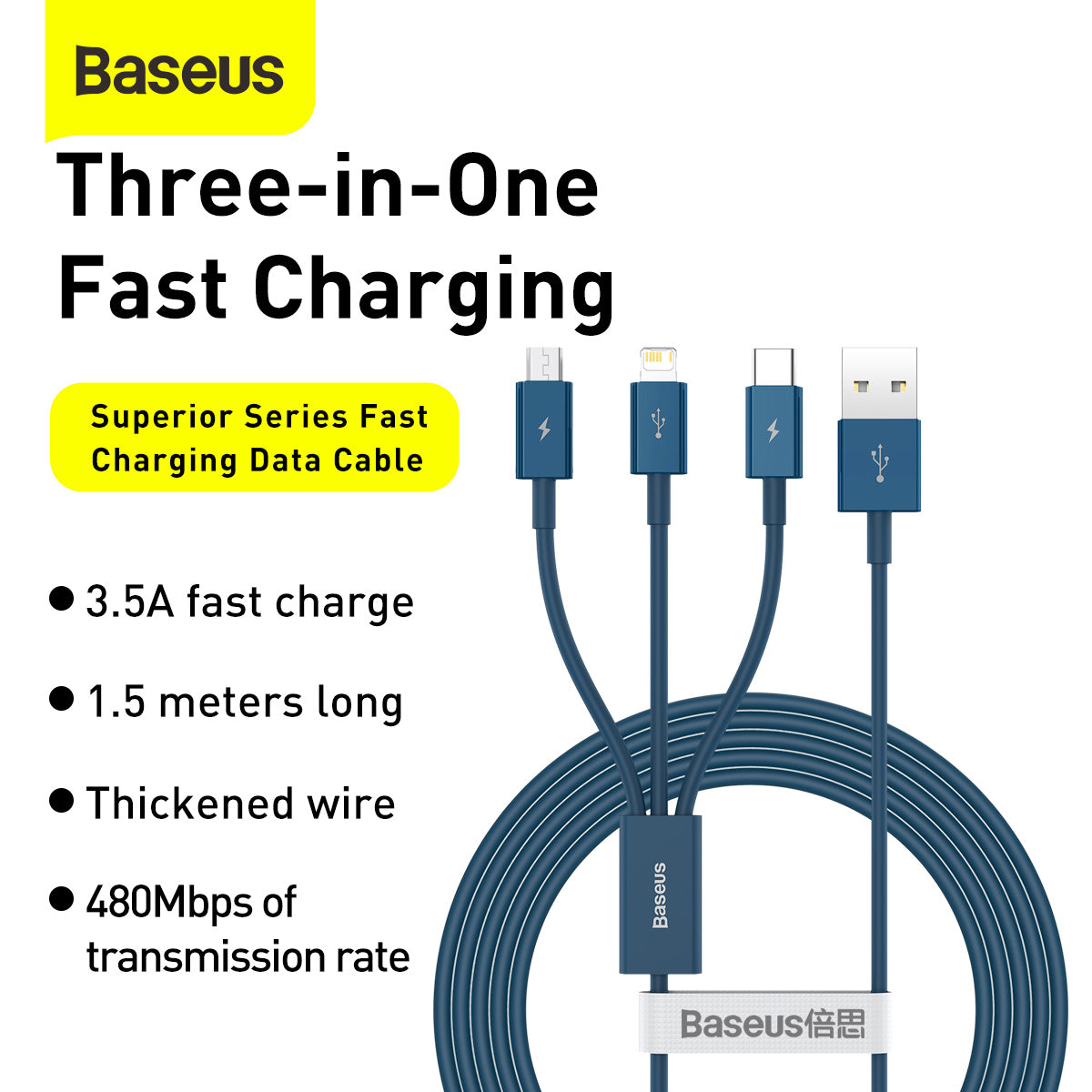 Baseus Superior Series Fast Charging Data Cable USB to M+L+C 3.5A 1.5m