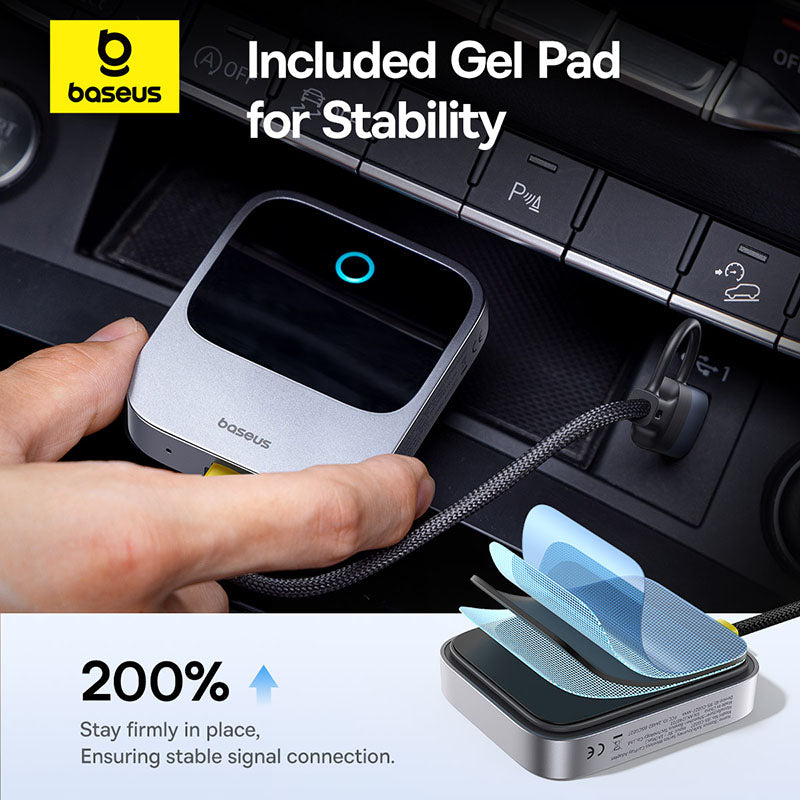 Baseus car charger with included gel pad for stability, shown in use.