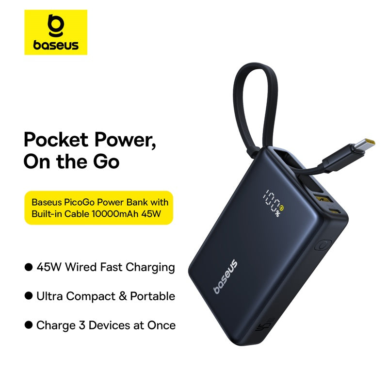 Baseus power bank with cable on a white background