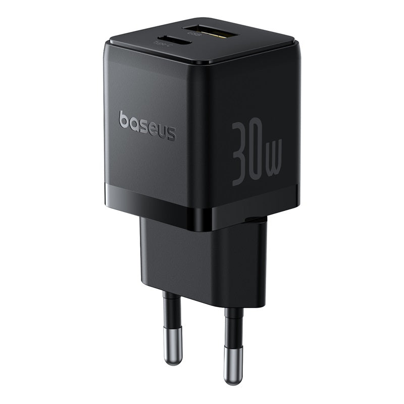 Black charging adapter with USB ports and 'baseus' branding on a white background