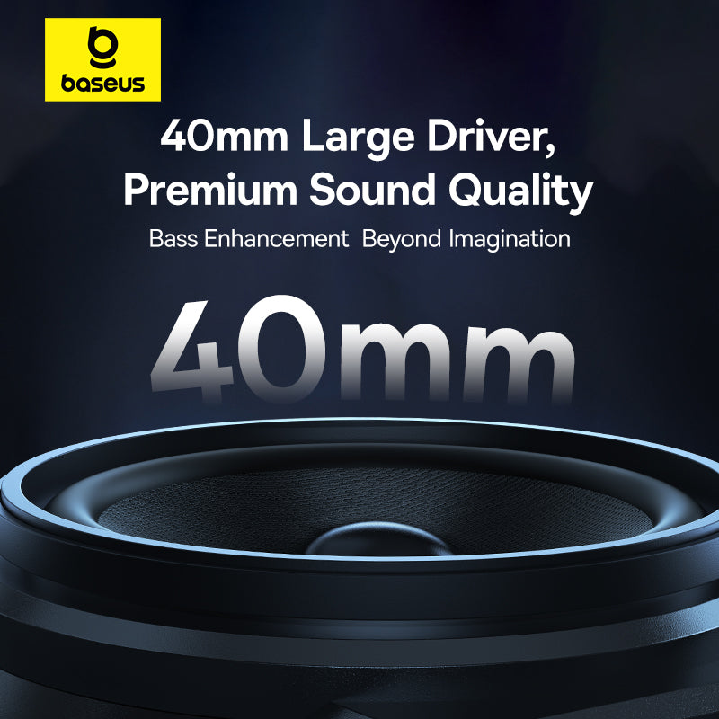 Baseus speaker driver with text highlighting 40mm size and premium sound quality on a dark background.