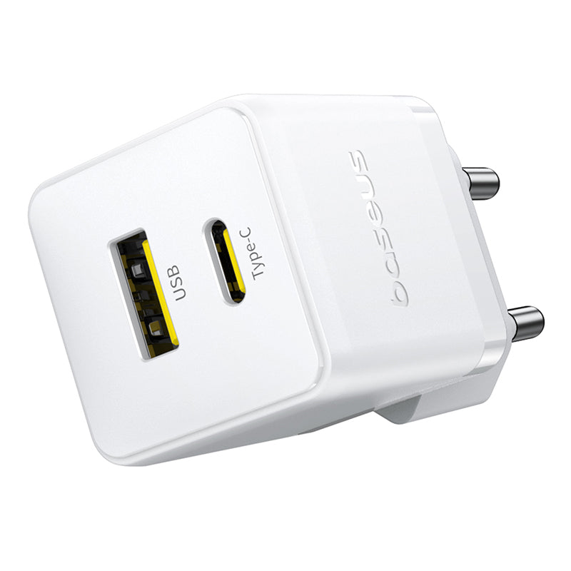 White power adapter with USB and Type-C ports on a white background