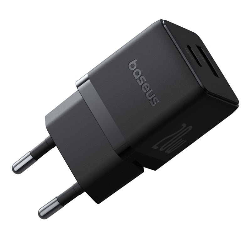 Black charging adapter with 'baseus' branding on a white background