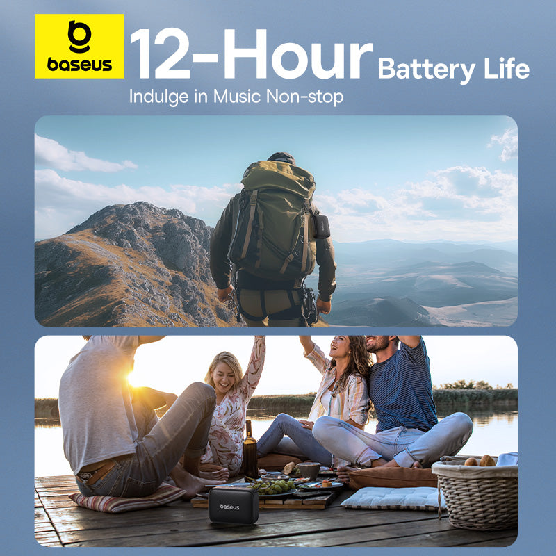 Baseus advertisement with a person with a backpack overlooking mountains and people enjoying a picnic by a lake.