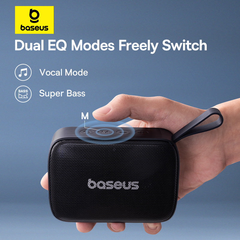 Baseus portable speaker held in a hand with dual EQ modes text on a blue background