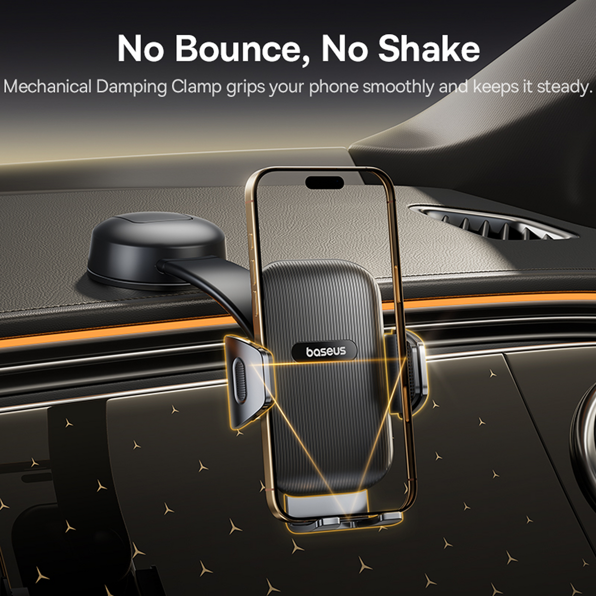 Baseus phone holder in a car with text 'No Bounce, No Shake' on a black background