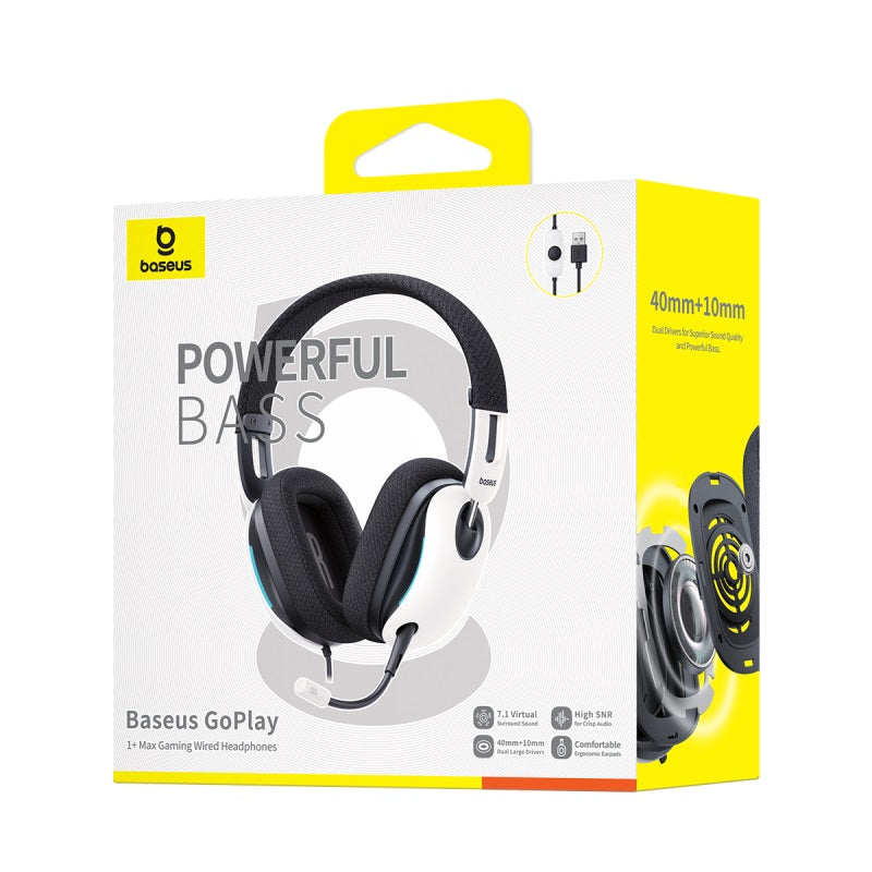 Baseus GoPlay gaming headset packaging with yellow and white design