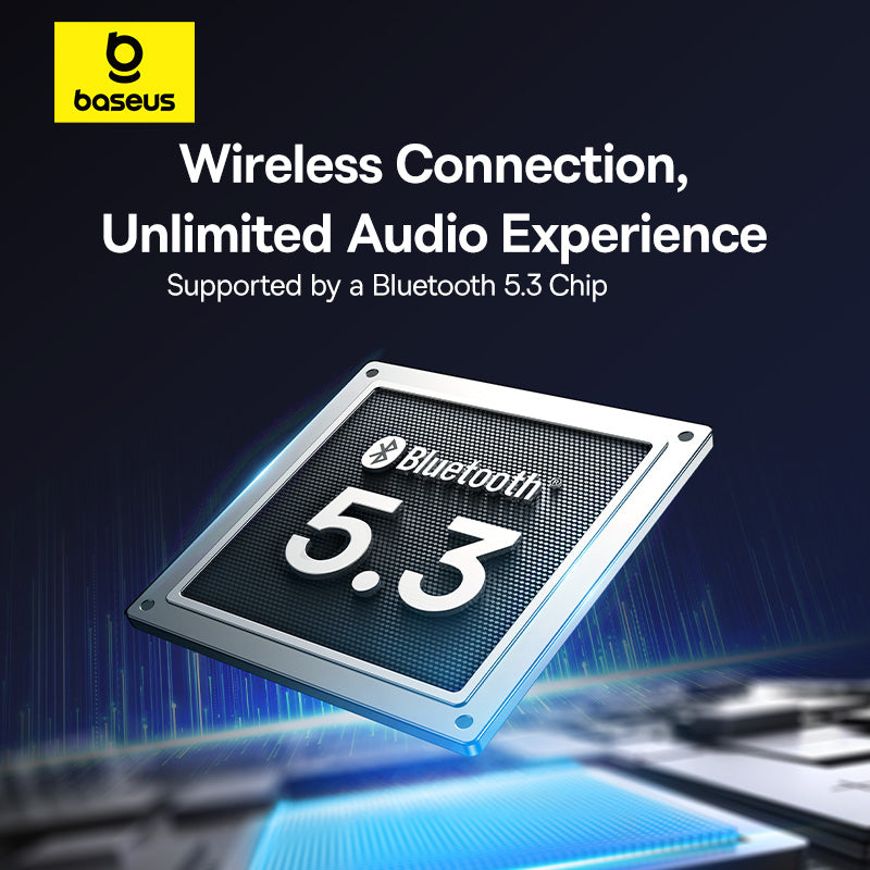 Bluetooth 5.3 chip with Baseus logo and text about wireless connection and audio experience on a dark background.