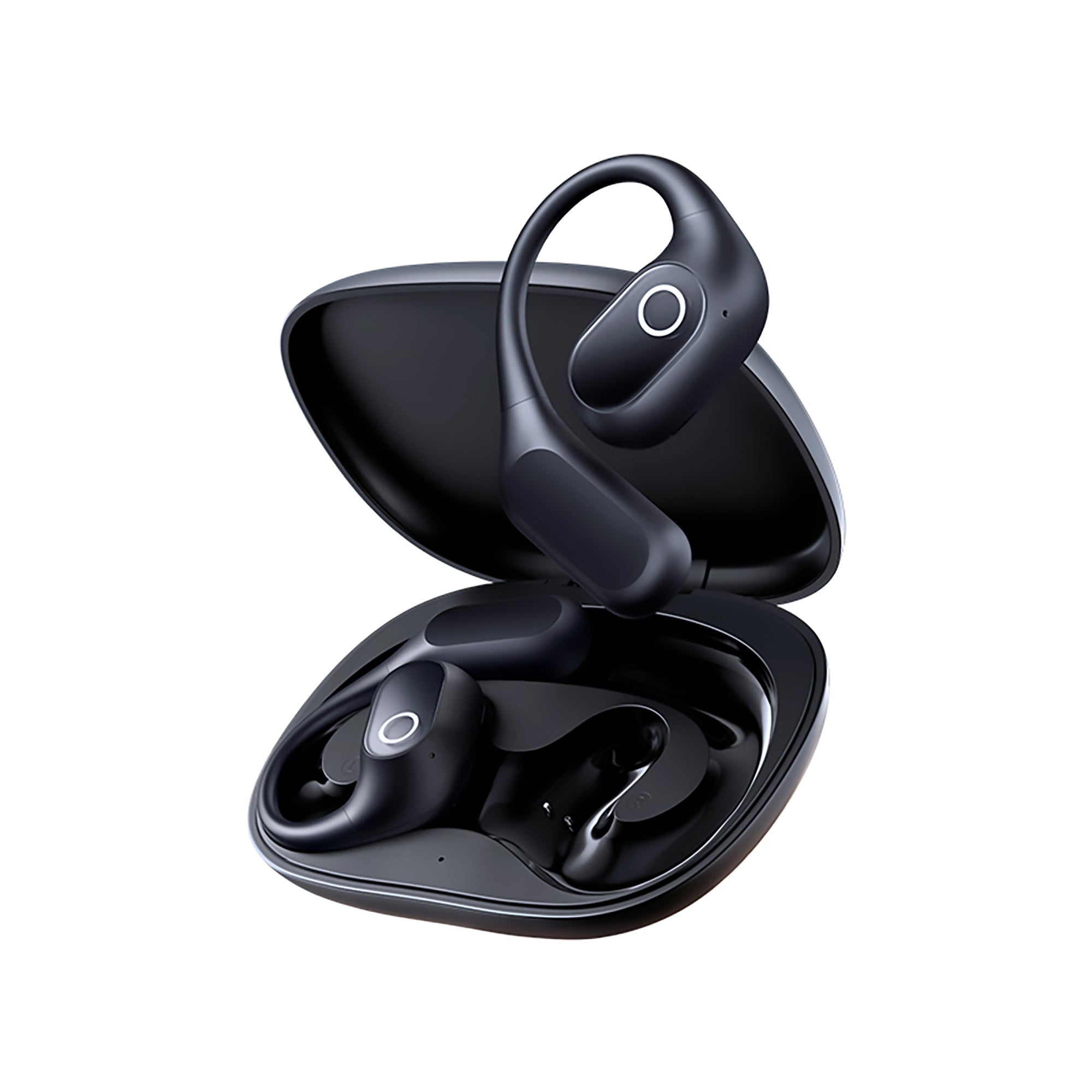 Black wireless earbuds in an open case on a white background