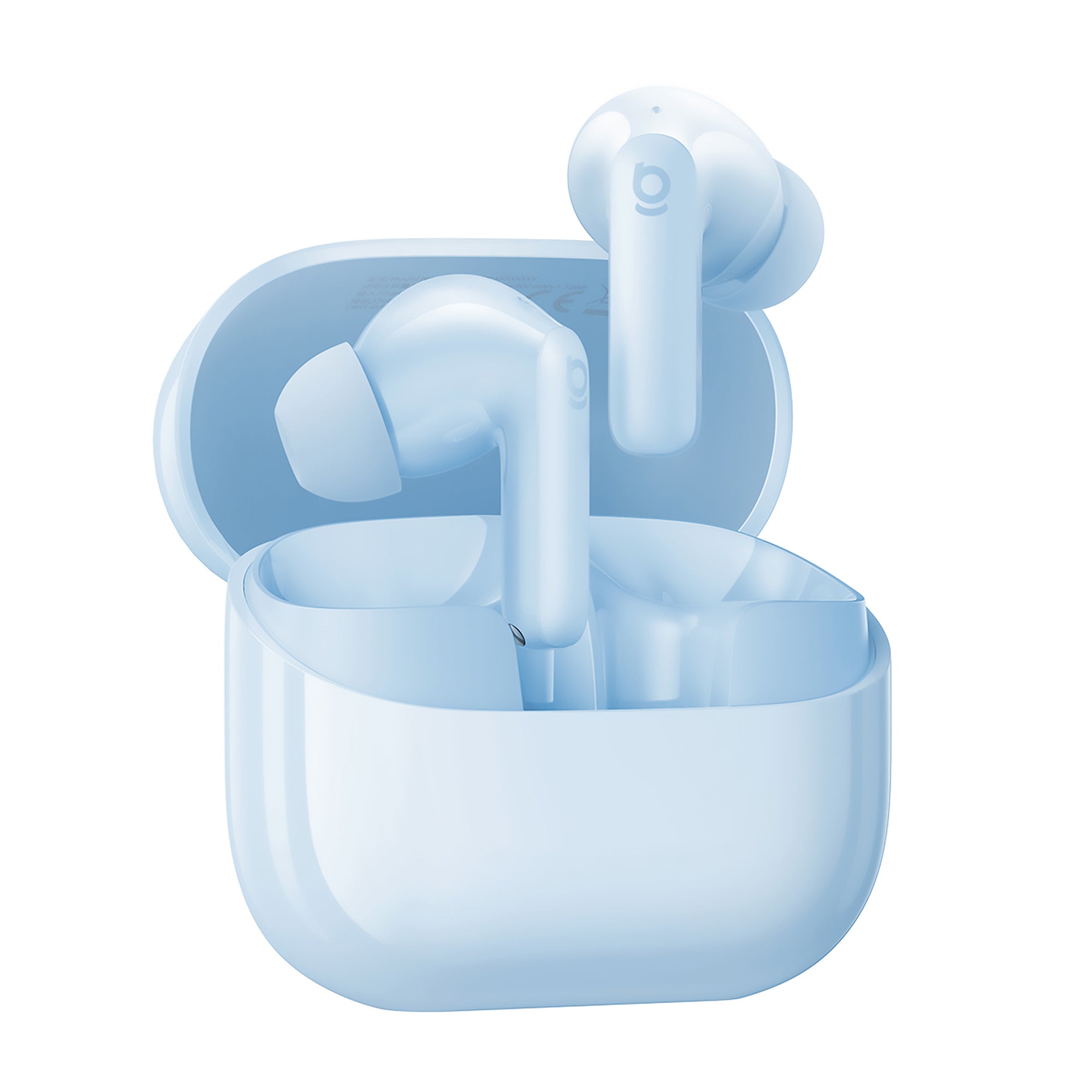 Blue wireless earbuds in a transparent charging case on a white background