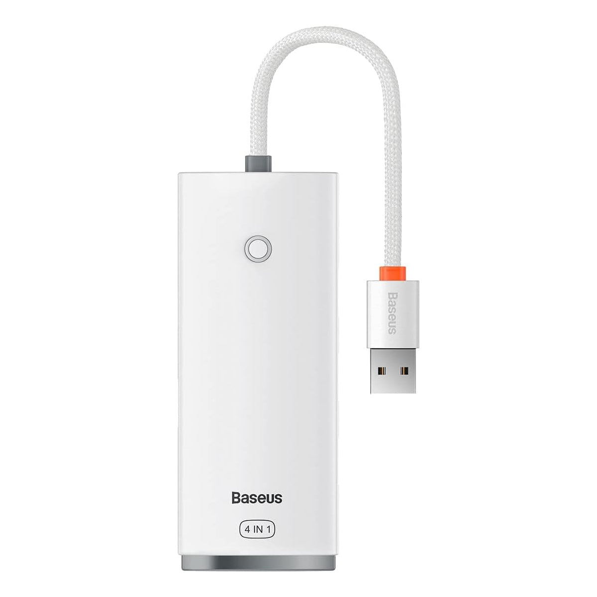 A white rectangular Baseus 4-in-1 portable charger with a curved white braided cable and a white USB connector featuring an orange accent, shown on a plain white background.